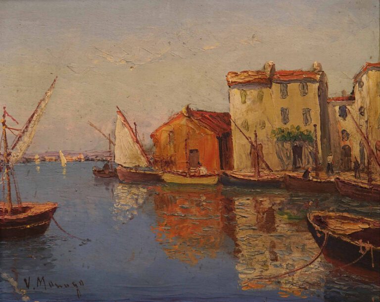 Vincent MANAGO (1880-1936) - Vue du port de Martigues - Huile sur panneau. - Si…