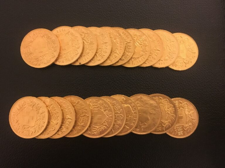 20 pièces de 20 francs suisses or.