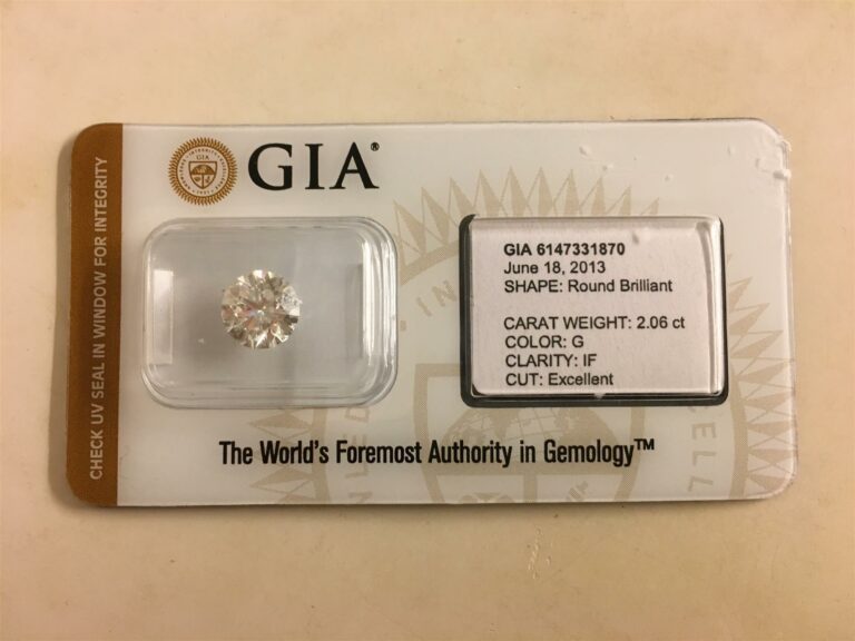 Diamant sous scellé, 2,06 carats, G, IF, excellent.