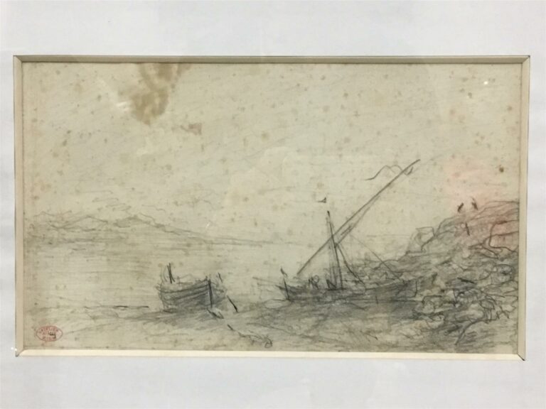 Félix ZIEM (1821-1911). - Barques de pêcheurs - Dessin au crayon, cachet d'atel…