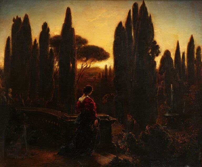 Anton ROMAKO (1832-1889). - Femme de dos dans un jardin - Huile sur toile, sign…