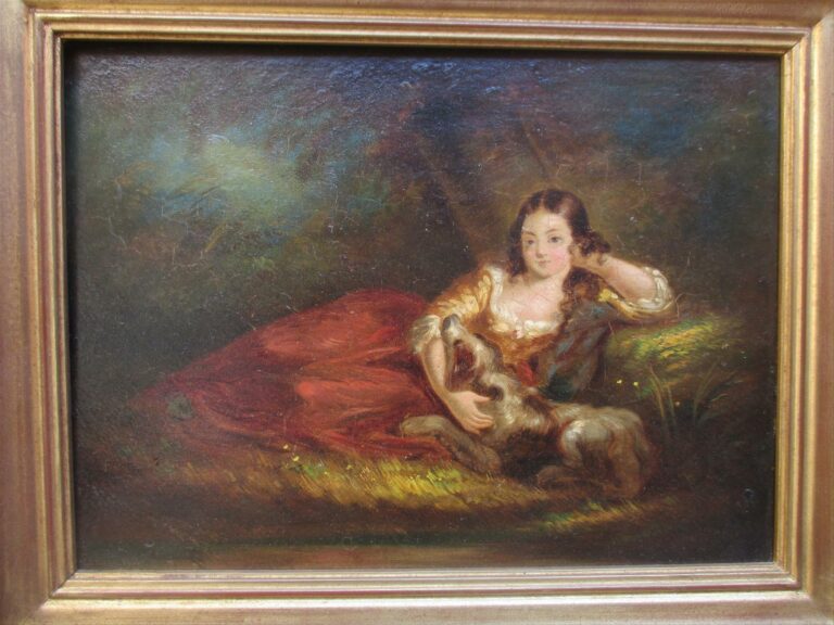 FARIANI (Actif au XIXème siècle). - Jeune fille au chien - Huile sur panneau, s…