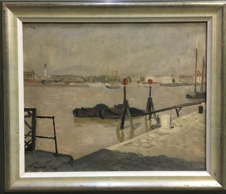 Willem van HASSELT (1882-1963). - Péniches à quai, 1929 - Huile sur toile, sign…