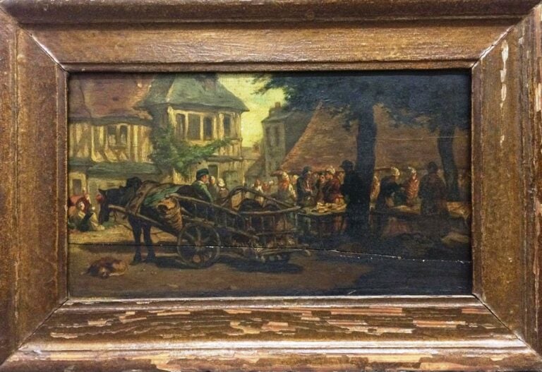 Ecole flamande du XIXème siècle. - Scène de marché - Huile sur panneau (fentes…