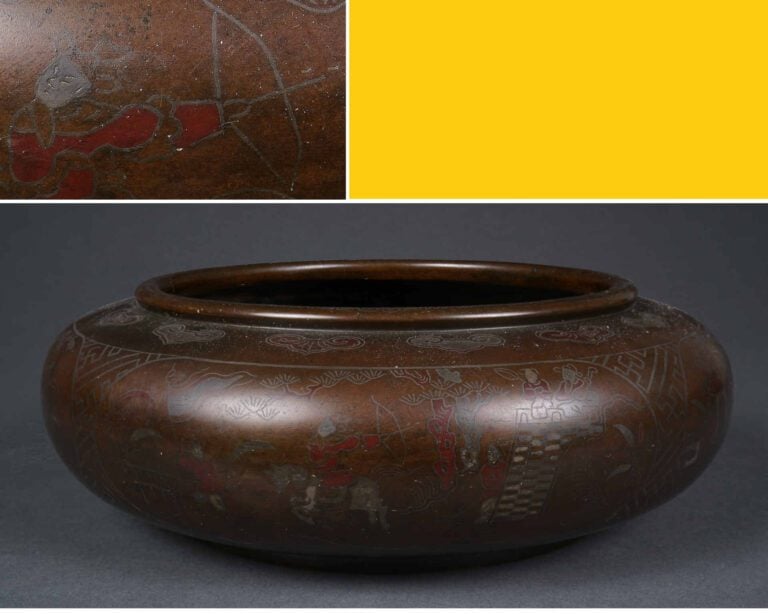 BRULE-PARFUM EN BRONZE A INCRUSTATIONS DE METAUX MOUS, LU - Chine du Sud ou Vie…