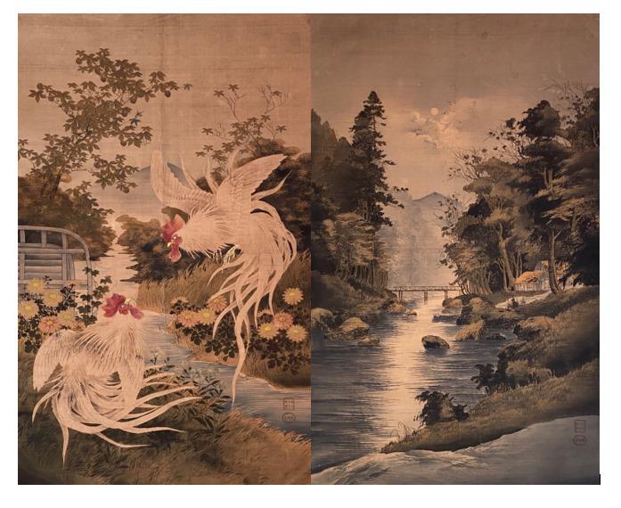Japon - Ensemble de deux tentures en soie tissée figurant d'une part une batail…