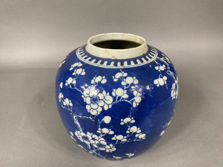 Chine - Pot à gingembre en porcelaine bleu blanc à décor de branchages de ceris…