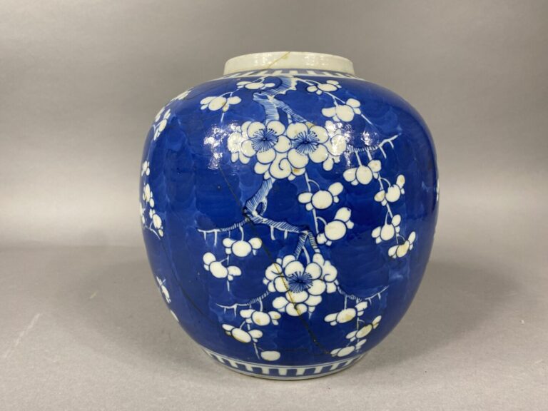 Chine - Pot à gingembre en porcelaine bleu blanc à décor de branchages de ceris…