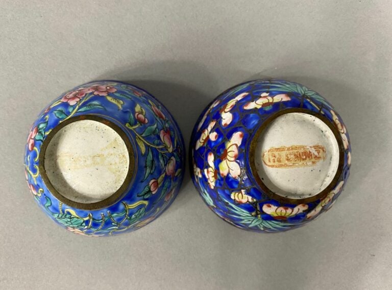 Chine, Canton - Ensemble de deux sorbets en émaux cloisonnés à décor de brancha…