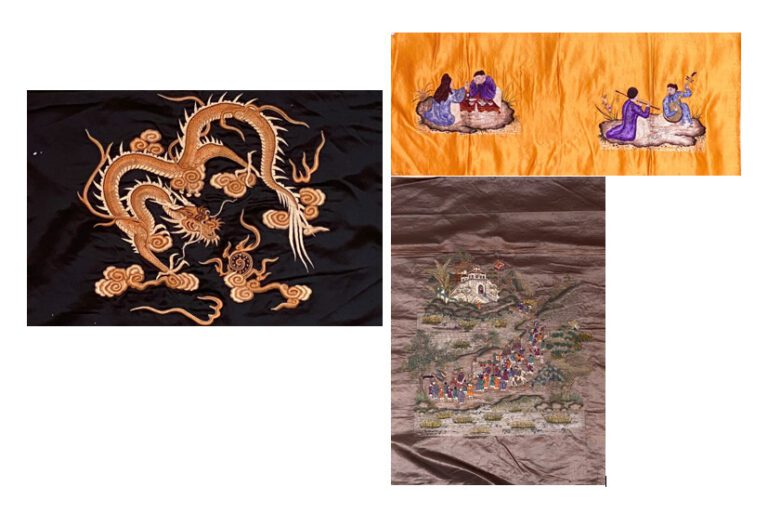 Chine / Vietnam - Lot de broderies sur soie à décor de dragons, personnages et…