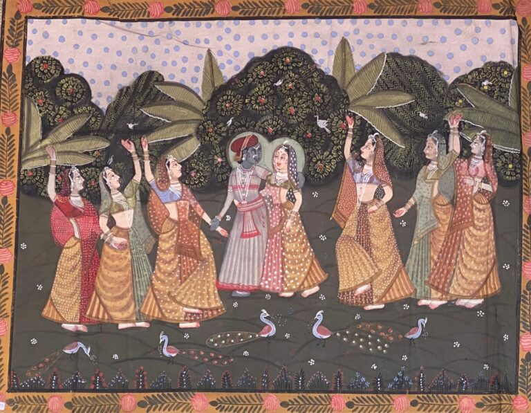 Travail indien - Mariage de Krichna et Rada parmi des danseuses. - Peinture sur…