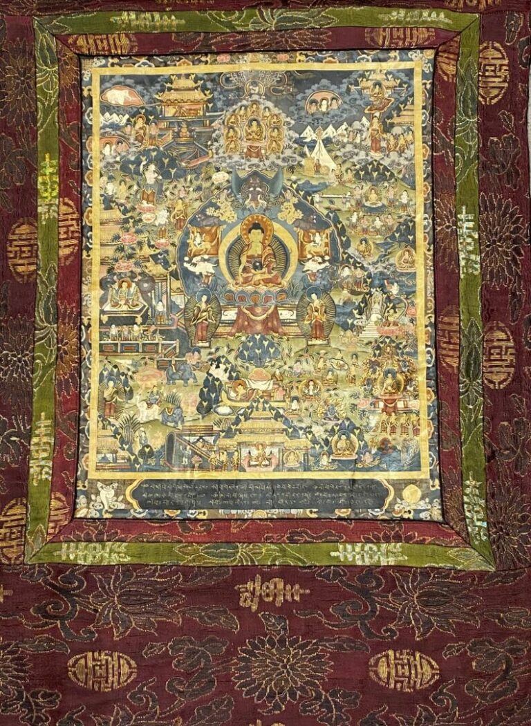 Tibet - Thangka, en couleurs sur toile, représentant bouddha assis en médiatati…