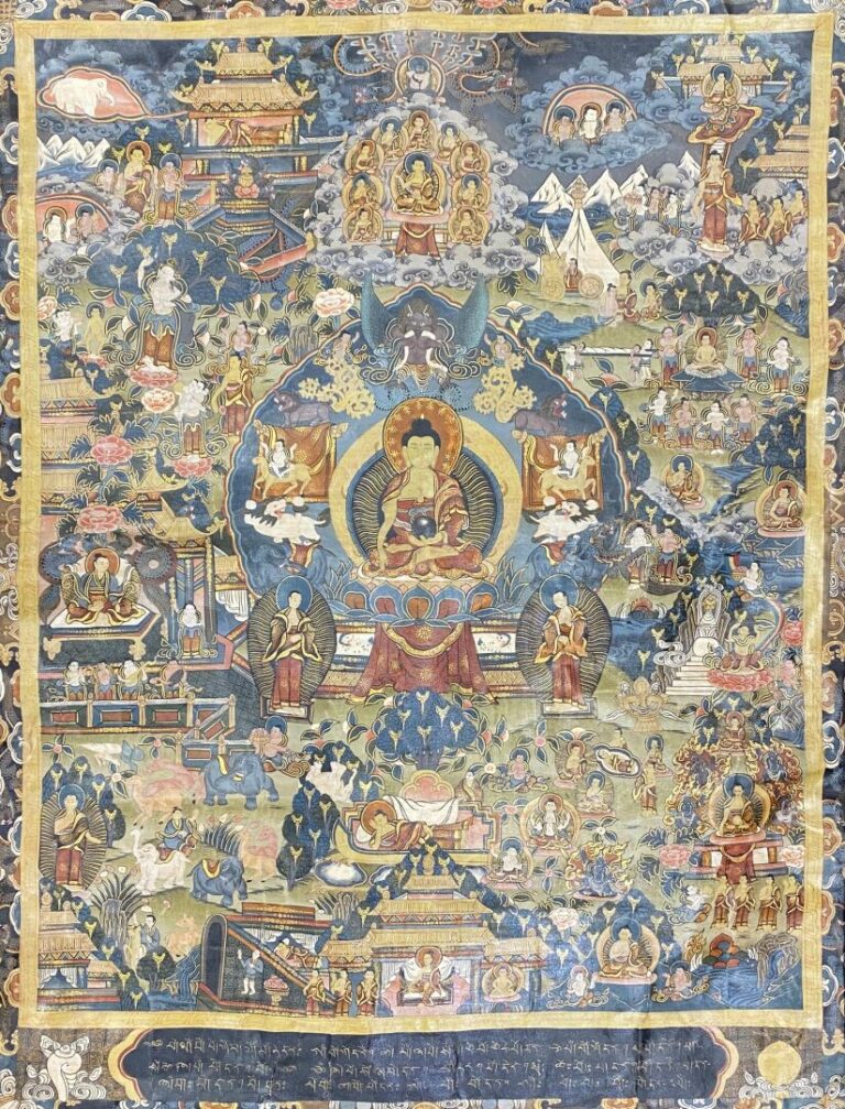 Tibet - Thangka, en couleurs sur toile, représentant bouddha assis en médiatati…