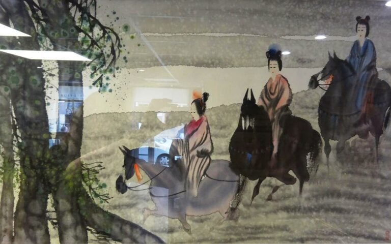 Encre et aquarelle représentant six femmes à cheval - L: 40cm - l: 150 cm (appr…