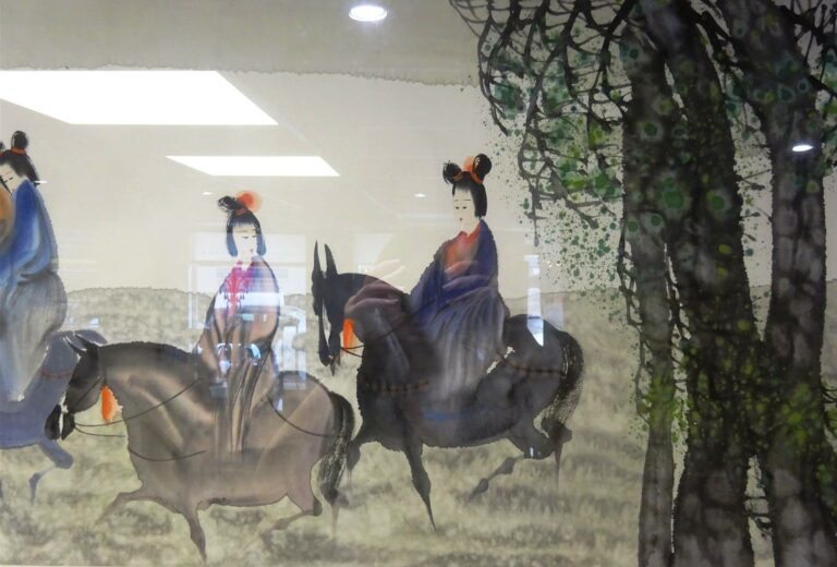 Encre et aquarelle représentant six femmes à cheval - L: 40cm - l: 150 cm (appr…