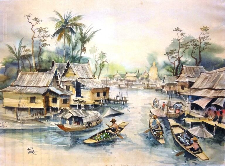 Aquarelle représentant un marché sur les berges d'un fleuve. Oeuvre encadrée et…