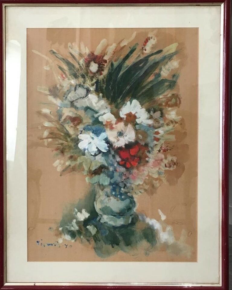 Sylvain VIGNY (1903-1970). - Vase de fleurs - Huile sur papier, signée en bas à…