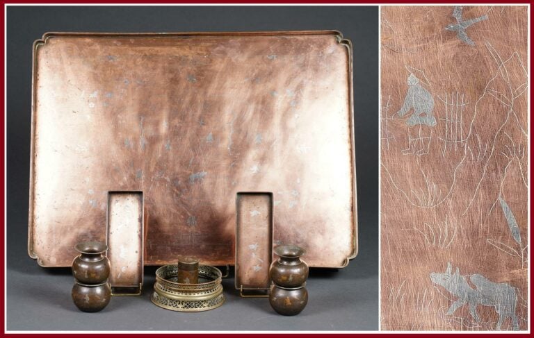 ELEMENTS DE NECESSAIRE A OPIUM EN CUIVRE A INCRUSTATIONS DE METAUX MOUS - Vietn…