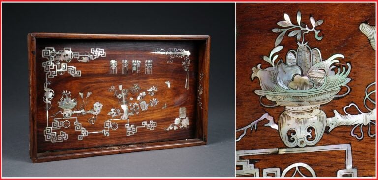 [X] PLATEAU A THE QUADRANGULAIRE EN BOIS INDIGENE A DECOR INCRUSTE DE NACRE° -…
