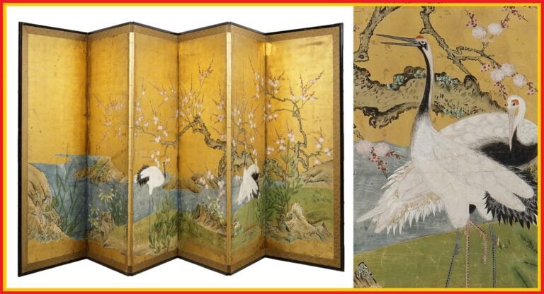 PARAVENT A SIX FEUILLES A DECOR DE TROIS GRUES / TSURU SOUS PRUNUS FLEURIS - Ja…