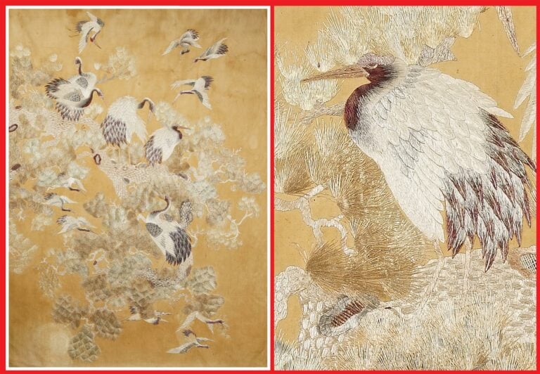 GRAND PANNEAU DE SOIE JAUNE BRODEE AUX GRUES - Japon, Période Meiji - Quadrangu…