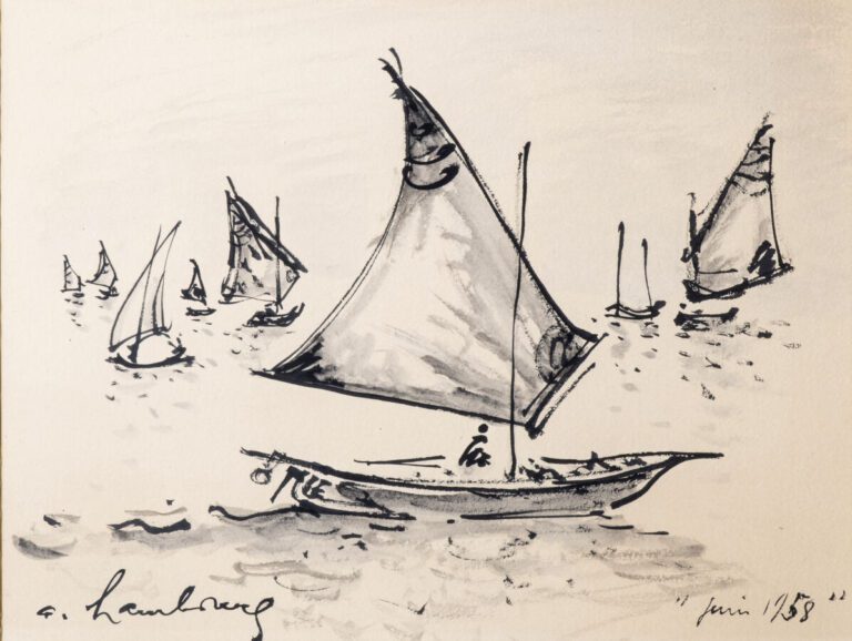 André HAMBOURG (1909-1999) - Les barques de La lagune, 1958 - Encre et lavis d'…