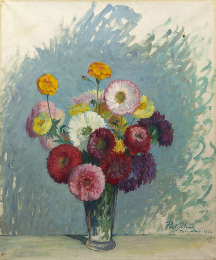 Gustave POETZSCH (1870-1950) - Bouquet de fleurs sur le fond bleu, 1934 - Huile…