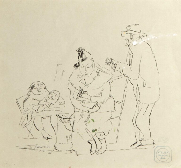 Jules PASCIN (1885-1930) - Le poêle, 1917, Etats Unis - Encre sur papier, cache…