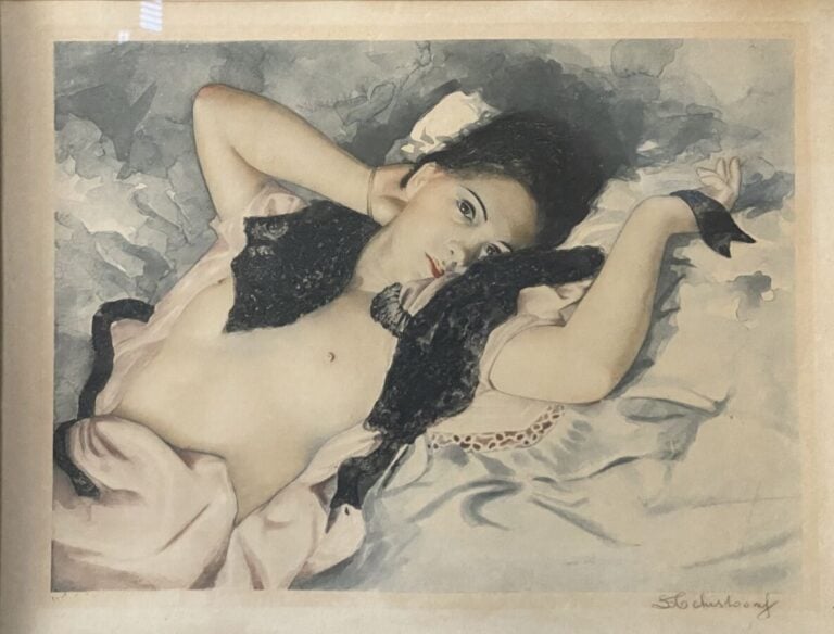 Lev TCHISTOVSKY (1902-1969) - Nu allongé à l'éventail - Aquatinte en couleurs,…