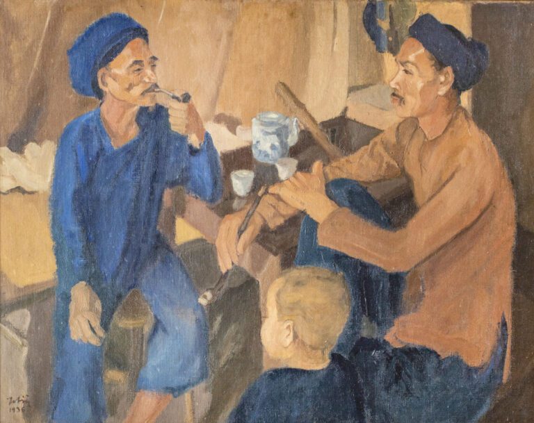 LU VAN SIN (1905-1983) - L'heure du thé, 1936 - Huile sur toile, signée et daté…
