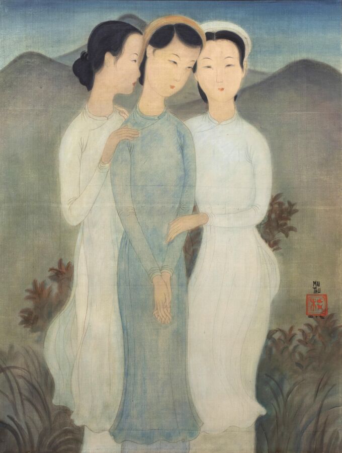 MAI- THU (1906-1980) Trung Thu MAI dit - Trois soeurs, 1947 - Encre et couleurs…