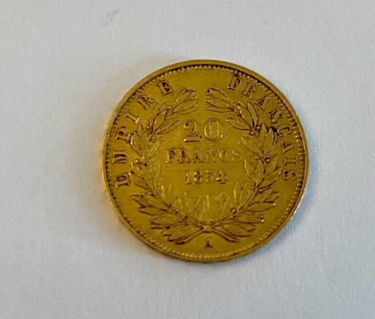 1 pièce de 20 francs or de type " Napoléon III tête nue" 1854 A - Poids : 6.4 g…
