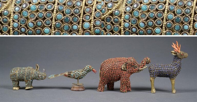 ACCUMULATION DE QUATRE SUJETS ANIMALIERS EN METAL AUX CABOCHONS DE PIERRES - Né…