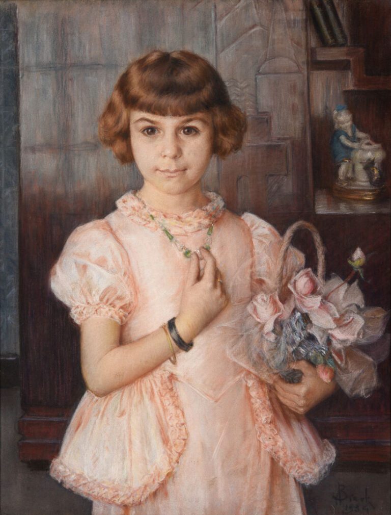 Alphonse BIRCK (1859-1942) - Jeune fille tenant un panier de fleurs - Pastel -…