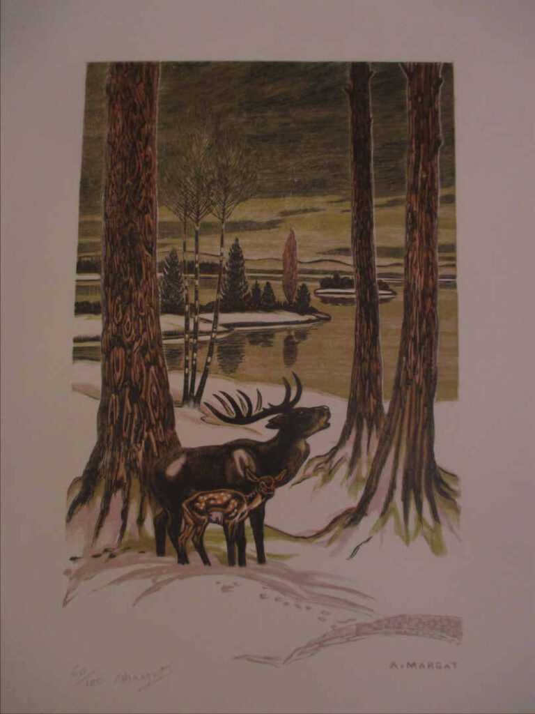 André MARGAT (1903-1999) - Biche et son faon en hiver - Lithographie signée en…