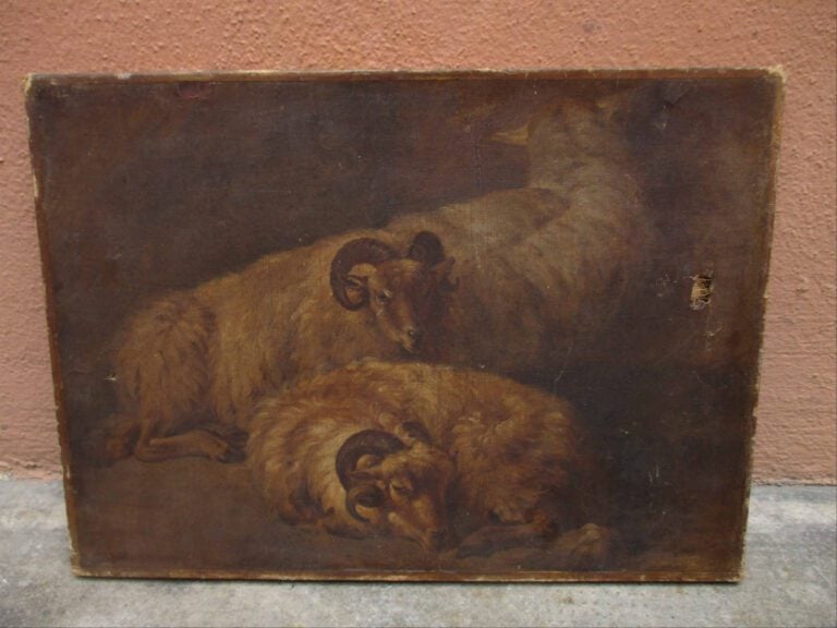 ANONYME - Béliers au repos - Huile sur toile. - 29 x 40 cm - (Accidents).