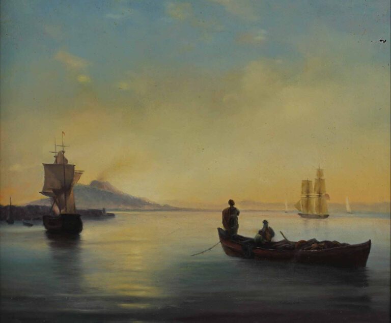 ANONYME, fin du XIXe siècle - Baie de Naples et vue sur le Vésuve - Huile sur t…