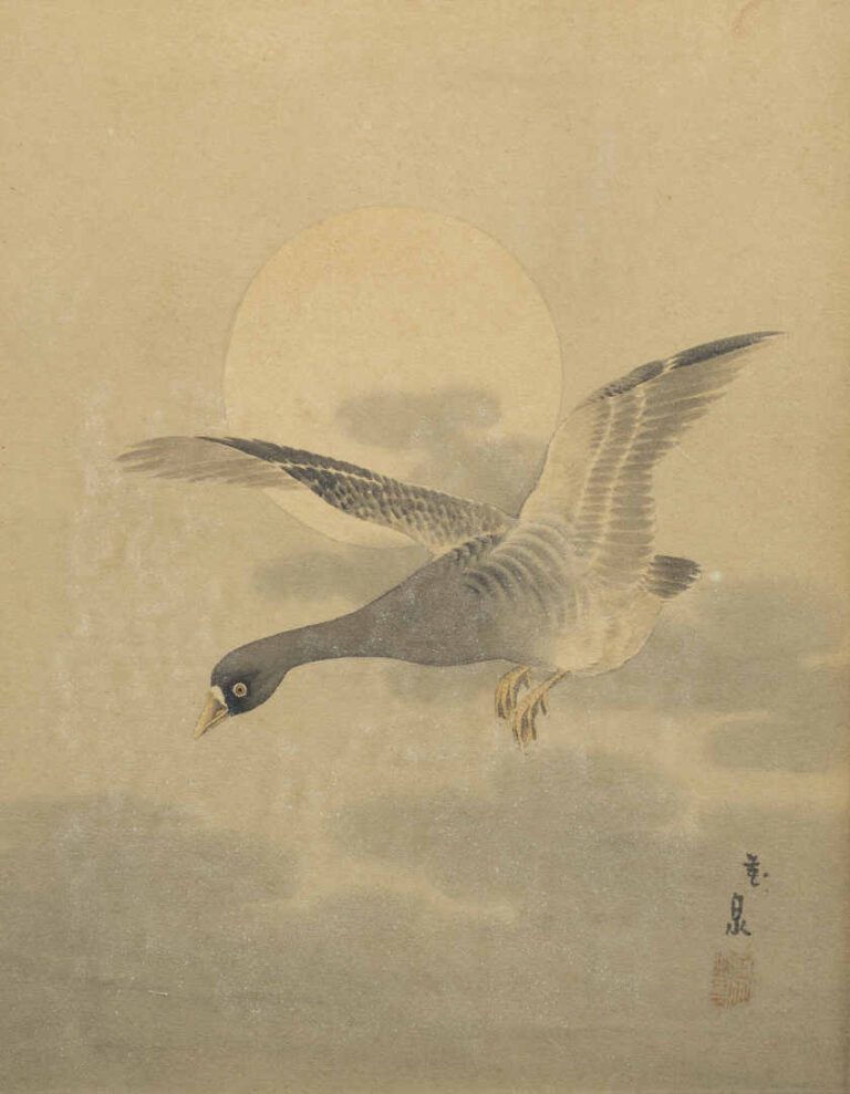 ANONYME (Japon, Actif XIXe/XXe siècle) - Oie sauvage saisie dans son vol - Aqua…