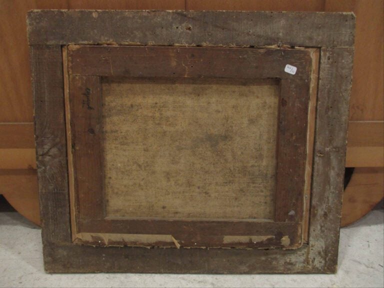 ANONYME - Scène animée en bord de fleuve avec pont en arrière-plan. - Huile sur…