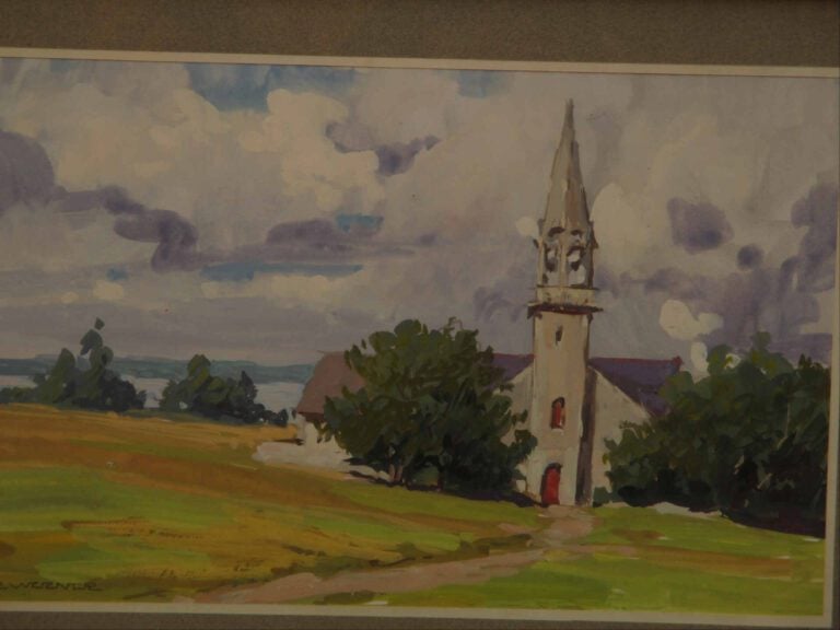 Aquarelle et gouache sur papier représentant un clocher dans la campagne. - Por…