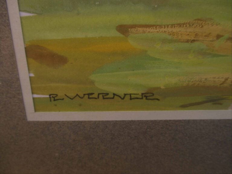 Aquarelle et gouache sur papier représentant un clocher dans la campagne. - Por…