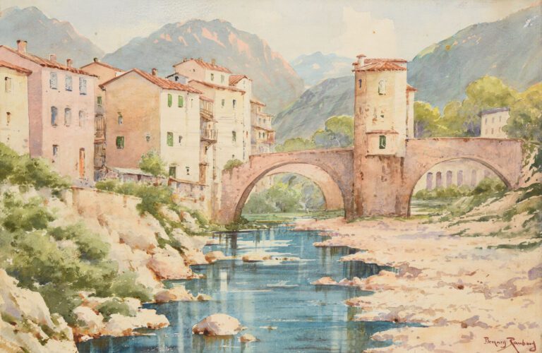 Bernard RAMBAUD (XIX-XXe) - Le pont de Sospel - Aquarelle sur papier - Signé en…