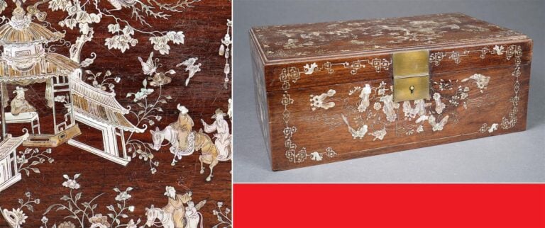 BOITE A BIJOUX EN BOIS NATUREL A DECOR INCRUSTE DE NACRE - Vietnam / Indochine,…