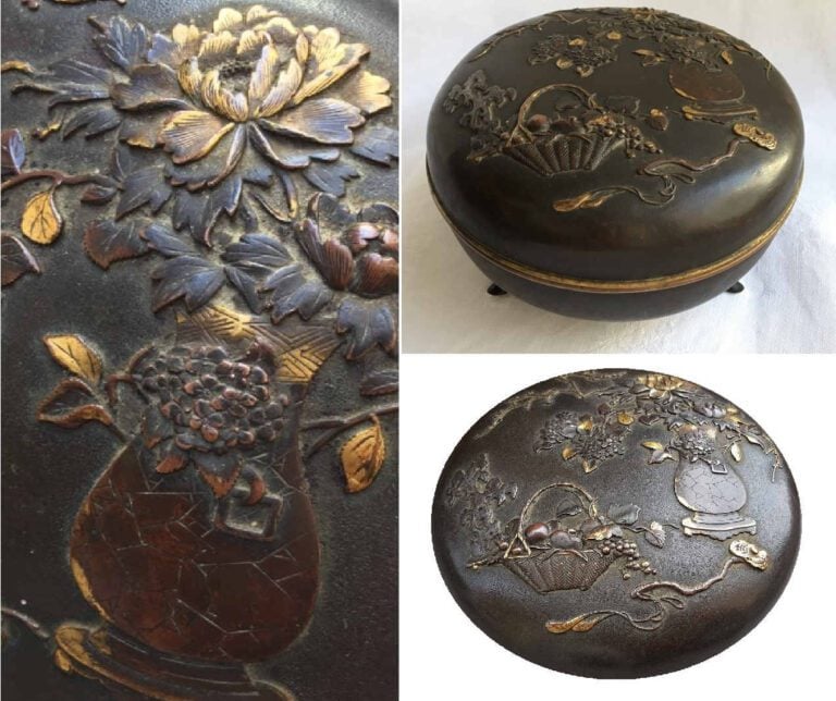 BOITE COUVERTE / ECRIN BIJOUX TRIPODE EN BRONZE A INCRUSTATIONS DE METAUX MOUS…