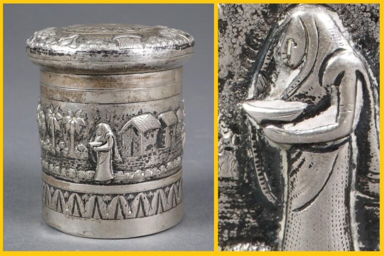 BOITE EN ARGENT REPOUSSE EN FORME DE TAMBOUR - Probable travail Birman d'époque…