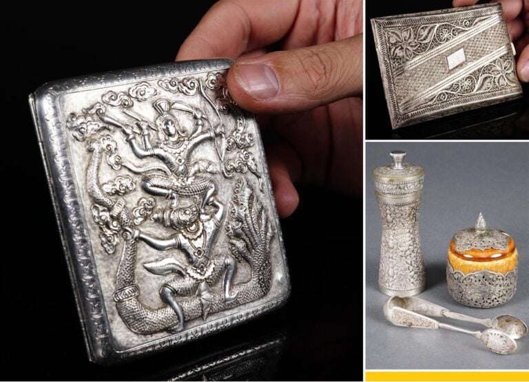 BOITE / ETUI A CIGARETTES EN ARGENT REPOUSSE - Thaïlande, Epoque début XXe sièc…