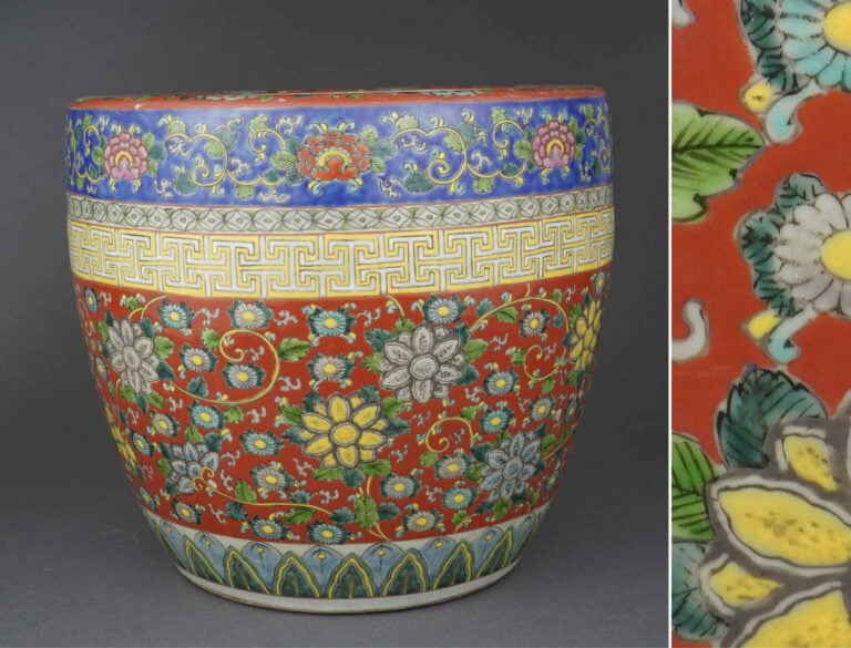 BRASERO EN PORCELAINE A DECOR EMAILLE POLYCHROME FLORAL, HIBACHI - Japon, Pério…