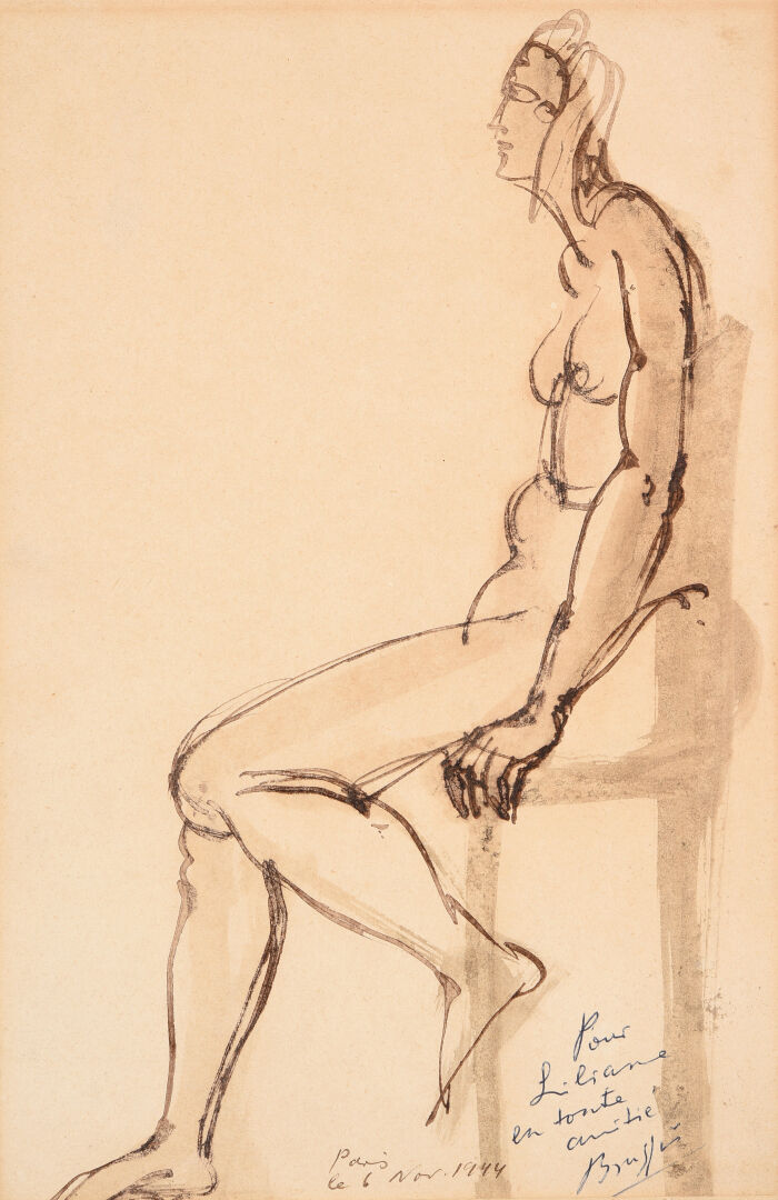 BRASSAI (1899-1984) - Femme nue assise de profil - Encre brune et lavis sur pap…