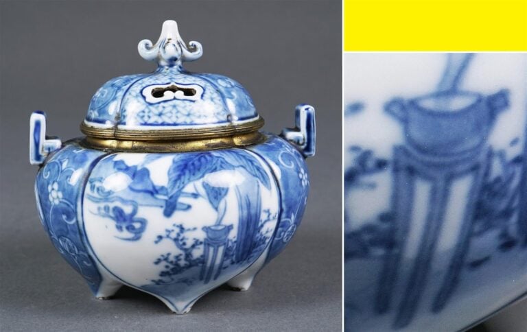 BRULE-PARFUM EN PORCELAINE BLEU BLANC QUADRILOBE A L'IMITATION D'UN MELON D'EAU…