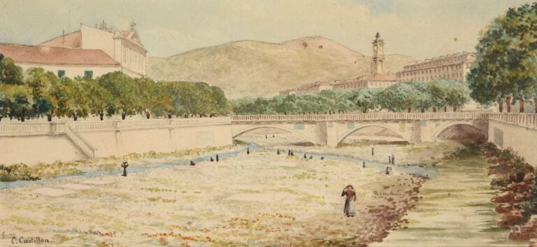 C. CASTILLON (XIXe-XXe) - Vue du Paillon, scène animée - Aquarelle - Signé en b…